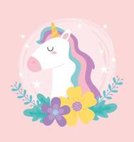 unicorno magico simpatico cartone animato con fiori vettore