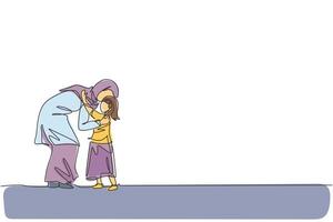 disegno a linea continua di una giovane mamma araba abbraccia la figlia prima di andare a scuola, genitori felici. assistenza familiare musulmana islamica, concetto di maternità. illustrazione vettoriale di design alla moda con una linea di disegno