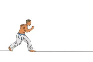 un disegno a linea continua di un giovane combattente brasiliano sportivo che allena la capoeira sulla spiaggia. sano concetto di sport da combattimento tradizionale. illustrazione vettoriale dinamica del disegno a linea singola