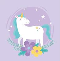 unicorno magico simpatico cartone animato con fiori vettore