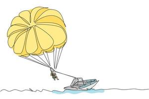 un disegno a linea continua di un giovane coraggio che vola nel cielo usando il paracadute da parapendio dietro la barca. concetto di sport estremo pericoloso all'aperto. illustrazione vettoriale dinamica del disegno a linea singola