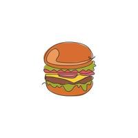 etichetta del logo dell'hamburger americano con disegno a linea continua singola. concetto di ristorante sandwich fast food emblema. illustrazione vettoriale grafica moderna con disegno a linea singola per bar, negozio o servizio di consegna cibo