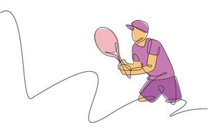 un disegno a linea continua di un giovane tennista maschio concentrato ad aspettare la palla dall'avversario. concetto di sport competitivo. illustrazione vettoriale dinamica del disegno di una linea singola per il poster del torneo