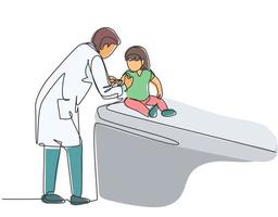 disegno a linea continua di un giovane medico pediatra maschio che fa l'iniezione al paziente di una bambina in ospedale. concetto di trattamento sanitario medico una linea disegnare disegno vettoriale illustrazione