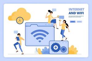 le persone amano usare internet e wifi. archiviazione cloud con larghezza di banda veloce. le persone accedono a Internet. progettato per pagina di destinazione, banner, sito Web, web, poster, app mobili, homepage, flyer, brochure vettore