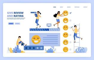 le persone danno sondaggi di feedback, valutazioni e recensioni nella colonna dei commenti spuntando le emoticon per la soddisfazione. può essere utilizzato per il modello di pagina di destinazione ui ux web app mobile poster banner sito web flyer annunci vettore