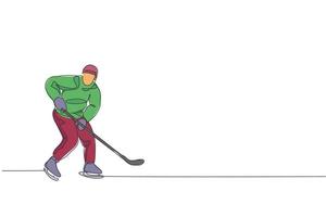 un unico disegno a linea continua di un giovane giocatore professionista di hockey su ghiaccio colpisce il disco e attacca l'arena della pista di pattinaggio. concetto di sport invernale estremo. illustrazione grafica vettoriale alla moda di una linea