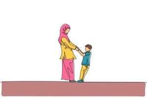 singolo disegno a tratteggio di giovane mamma e figlio arabi che giocano e si tengono insieme a casa illustrazione vettoriale. felice concetto di genitorialità familiare musulmana islamica. disegno grafico moderno a linea continua vettore