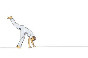 un disegno a linea continua di un giovane combattente brasiliano sportivo che allena la capoeira sulla spiaggia. sano concetto di sport da combattimento tradizionale. illustrazione vettoriale dinamica del disegno a linea singola