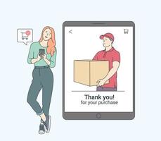 pagamento online, tecnologia, shopping, concetto di telefono cellulare. donna sorridente con smartphone shopping con tecnologia wireless di pagamento elettronico senza contatto. illustrazione vettoriale piatta