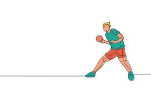 un disegno a linea singola giovane uomo energico giocatore di ping pong treno seriamente illustrazione grafica vettoriale. concetto di allenamento sportivo. moderno disegno a linea continua per banner per tornei di ping pong vettore