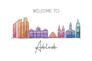 un disegno a linea singola skyline della città di adelaide, australia. paesaggio storico della città. migliore destinazione per le vacanze decorazione della parete di casa poster stampa art. illustrazione vettoriale di disegno di linea continua alla moda