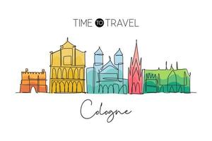 un disegno a linea singola dello skyline della città di Colonia. paesaggio storico del grattacielo della città. concetto del manifesto della parete della decorazione della casa di vacanza di vacanza della migliore destinazione. illustrazione vettoriale di disegno a linea continua