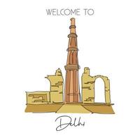 un punto di riferimento della moschea qutub minar di disegno a linea continua. luogo sacro islamico a delhi, india. concetto di stampa del poster della decorazione della parete della casa delle vacanze di vacanza. illustrazione vettoriale moderna con disegno a linea singola