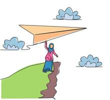 singolo disegno a tratteggio di una giovane donna d'affari araba che tiene in mano un aereo di carta gigante sulla scogliera. sfida aziendale. concetto di metafora minima. illustrazione vettoriale grafica di disegno di disegno di linea continua moderna