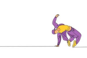 disegno a linea continua di un giovane energico ballerino hip-hop in tuta pratica break dance in strada. concetto di stile di vita di generazione urbana. illustrazione vettoriale di design alla moda con una linea di disegno