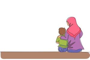 disegno a linea continua di una giovane mamma araba che parla e si siede insieme al suo ragazzo. concetto di genitorialità famiglia felice musulmano islamico. illustrazione vettoriale di design grafico a una linea alla moda