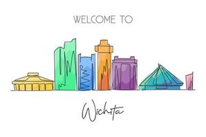 un disegno a linea singola dello skyline della città di wichita, kansas, stati uniti. paesaggio della città per il poster della decorazione della parete di casa. migliore destinazione per le vacanze. illustrazione vettoriale di design grafico a linea continua alla moda