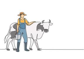 disegno continuo di un giovane agricoltore maschio che strofina la mucca mentre trasporta un secchio d'acqua. concetto minimalista di attività agricole di successo. illustrazione grafica vettoriale di disegno a linea singola.