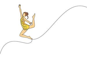 uno singolo linea disegno di giovane bellezza ginnasta ragazza esercizio pavimento ritmico ginnastica a Palestra vettore illustrazione. salutare atleta adolescente stile di vita e sport concetto. moderno continuo linea disegnare design