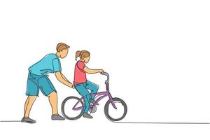 singolo disegno a linea continua di ragazzini che imparano in bicicletta con il padre al parco all'aperto. lezione di genitorialità. concetto di tempo familiare. illustrazione vettoriale di design grafico di una linea alla moda di disegno