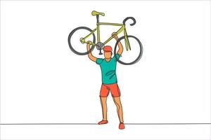 un disegno a linea continua giovane ciclista sportivo alza la sua bicicletta leggera. concetto di ciclista su strada. illustrazione grafica vettoriale dinamica con disegno a linea singola per poster di gare ciclistiche