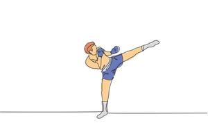 disegno a linea continua singola giovane sportivo che allena il pugilato tailandese al centro del club di ginnastica. concetto di sport combattivo muay thai. evento di gara. illustrazione grafica vettoriale di disegno di una linea alla moda