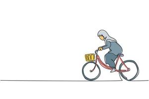 disegno a linea continua di una giovane lavoratrice araba di bellezza che va in bicicletta in ufficio. imprenditrice professionista. concetto di minimalismo dinamico una linea disegnare grafica vettoriale illustrazione