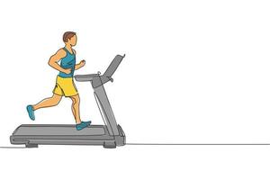 unico disegno a linea continua di un giovane sportivo che allena la velocità con il tapis roulant nel centro del club della palestra sportiva. concetto di allungamento fitness. illustrazione vettoriale di disegno di una linea alla moda