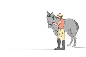 un disegno a linea continua di un giovane cavaliere che si sfrega e accarezza il crine di cavallo. cura degli animali domestici equini. concetto di competizione sportiva equestre. illustrazione grafica vettoriale di disegno dinamico a linea singola