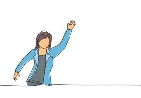 disegno continuo di una giovane lavoratrice che agita la mano per salutare il collega. manager aziendale di successo. metafora concetto minimalista. illustrazione grafica vettoriale di design a linea singola alla moda