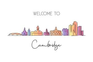 singola linea continua disegno skyline della città di cambridge, massachusetts. famoso paesaggio del raschietto della città. concetto di stampa di poster di arte della decorazione della parete di viaggio del mondo. illustrazione vettoriale di design moderno a una linea di disegno