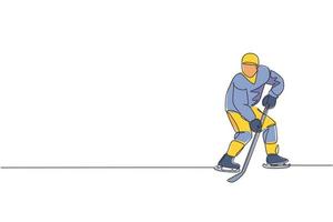 un unico disegno a linea continua di un giovane giocatore professionista di hockey su ghiaccio colpisce il disco e attacca l'arena della pista di pattinaggio. concetto di sport invernale estremo. grafico di illustrazione vettoriale di disegno di una linea alla moda