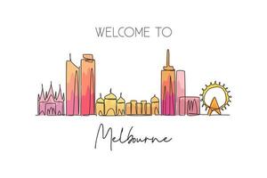 un disegno a linea continua dello skyline della città di melbourne, australia. bellissimo punto di riferimento. turismo paesaggistico mondiale e vacanze di viaggio. illustrazione vettoriale di disegno a linea singola con tratto elegante modificabile