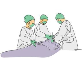 singolo gruppo di disegno a linea singola continuo di team medico chirurgo che esegue un intervento chirurgico al paziente critico nella sala operatoria chirurgica. concetto di chirurgia medica illustrazione vettoriale di disegno di una linea di disegno