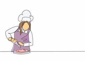 disegno a linea continua di una giovane chef donna felice che frizzante condimento di carta di sale nel piatto del pasto. preparazione di alimenti biologici per il concetto di ristorazione un disegno a tratteggio disegno vettoriale illustrazione grafica