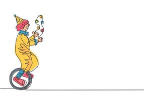 continua una linea che disegna un clown maschio che si destreggia su una bicicletta. il clown che giocava era molto divertente e ha intrattenuto il pubblico. evento spettacolo circense. illustrazione grafica vettoriale di disegno a linea singola.