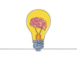 un disegno a tratteggio di una lampadina pulita con cervello umano per l'identità del logo dell'azienda medica. concetto creativo dell'icona di terapia della salute mentale. illustrazione vettoriale di disegno di disegno di linea continua alla moda