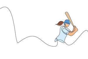 un disegno a linea continua del treno del giocatore di baseball della giovane donna sportiva per colpire la palla. concetto di sport competitivo. grafico dinamico dell'illustrazione di vettore del disegno di linea singola per il manifesto di promozione