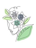 una linea continua che disegna un'acconciatura cosmetica di natura minimalista di bellezza. bouquet di fiori nel concetto di viso astratto testa di donna. stampa della decorazione della parete. illustrazione vettoriale grafica di disegno di disegno di arte a linea singola