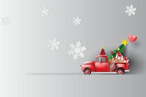carta arte e mestiere di illustrazione viaggio nel vacanza con rosso classico Raccogliere camion auto, d'epoca Raccogliere camion di Palloncino regalo scatola per pastello colore sfondo, festa Natale di celebrazione vettore. vettore