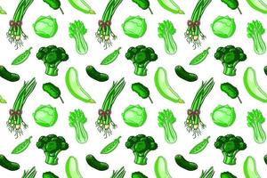 verde cibo senza soluzione di continuità modello. vegetariano vegano sfondo. Salute illustrazione wuth cipolla, cavolo, broccoli, schiacciare, sedano vettore