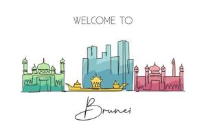 un disegno a linea singola dello skyline della città di bandar seri begawan, brunei darussalam. paesaggio urbano nel mondo. migliore destinazione per le vacanze. illustrazione vettoriale di disegno a linea continua con tratto modificabile