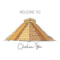 una linea continua che disegna il punto di riferimento della piramide maya di chichen itza. luogo iconico del mondo nello yucatan messico. concetto di stampa di poster di arte della decorazione della parete di vacanza di vacanza. illustrazione vettoriale di disegno a linea singola