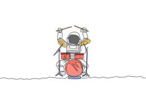 un disegno a tratteggio continuo del batterista astronauta con la tuta spaziale che suona il tamburo sulla superficie lunare. concetto di concerto di musica nello spazio esterno. grafica dinamica dell'illustrazione di vettore di disegno di disegno di linea singola