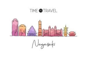 un disegno a linea singola dello skyline della città di nagasaki, in giappone. paesaggio storico della città nel mondo. miglior poster di destinazione per le vacanze. tratto modificabile illustrazione vettoriale di disegno a linea continua alla moda