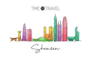 disegno a linea continua singola skyline della città di shenzhen, cina. famoso raschietto della città e stampa di poster artistici per la decorazione della parete della casa del paesaggio. concetto di viaggio nel mondo. illustrazione vettoriale moderna di disegno di una linea