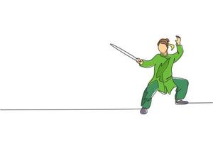 disegno a linea continua singola di combattente di wushu di giovane donna, maestro di kung fu in allenamento uniforme con la spada al centro del dojo. concetto di concorso di combattimento. illustrazione vettoriale di disegno di una linea alla moda