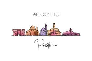 una linea continua che disegna lo skyline della città di pristina, kosovo. bellissimo punto di riferimento. cartolina mondiale del turismo del paesaggio e delle vacanze di viaggio. illustrazione vettoriale di disegno a linea singola con tratto elegante modificabile