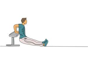 un disegno a linea continua di tricipiti di allenamento di un giovane che si tuffa nella palestra di allenamento fitness. concetto di stile di vita sportivo sano. stretching e allenamento. illustrazione vettoriale dinamica del disegno a linea singola